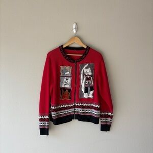 vintage red knit cat embroidered zip front cardigan sweater